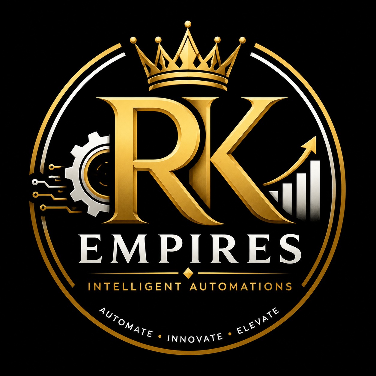 RK Empires primary logo &mdash; gold RK monogram with crown, gear, and growth chart inside a circular emblem